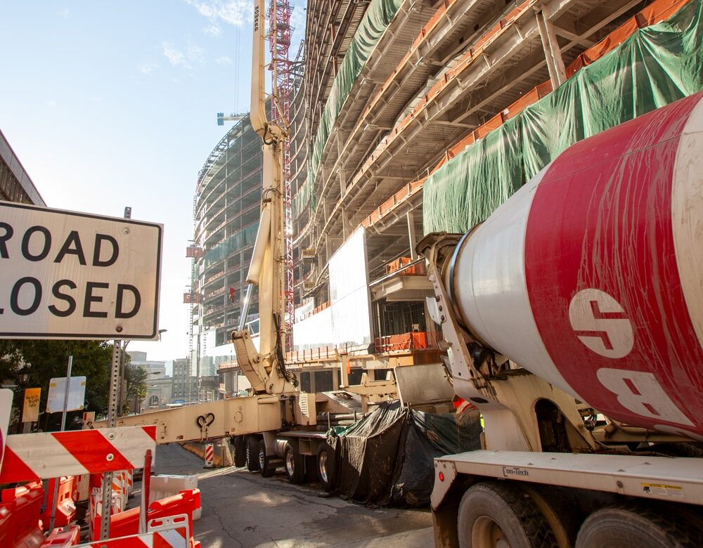 CBS concrete mixing truck on job site